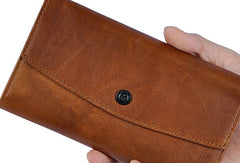 Leather Long Wallet for Men Trifold Brown Wallet
