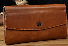 Leather Long Wallet for Men Trifold Brown Wallet