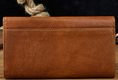 Leather Long Wallet for Men Trifold Brown Wallet