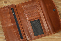 Leather Long Wallet for Men Trifold Brown Wallet