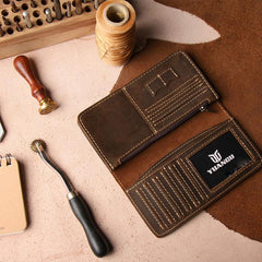Leather Long Wallets for men Bifold Vintage Mens Long Wallet