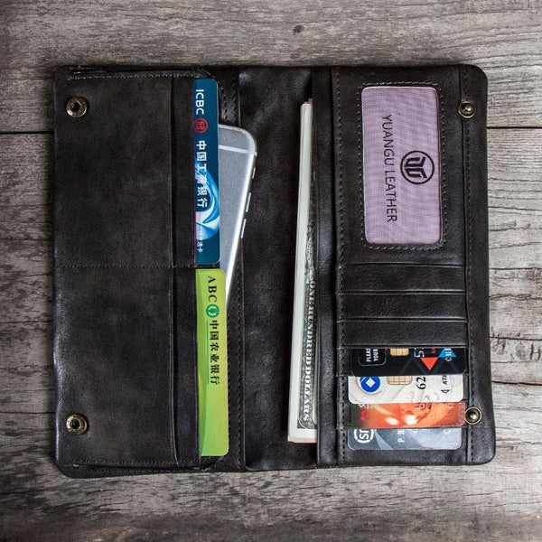 Cool Leather Long Wallets for men Bifold Vintage Mens Long Wallet