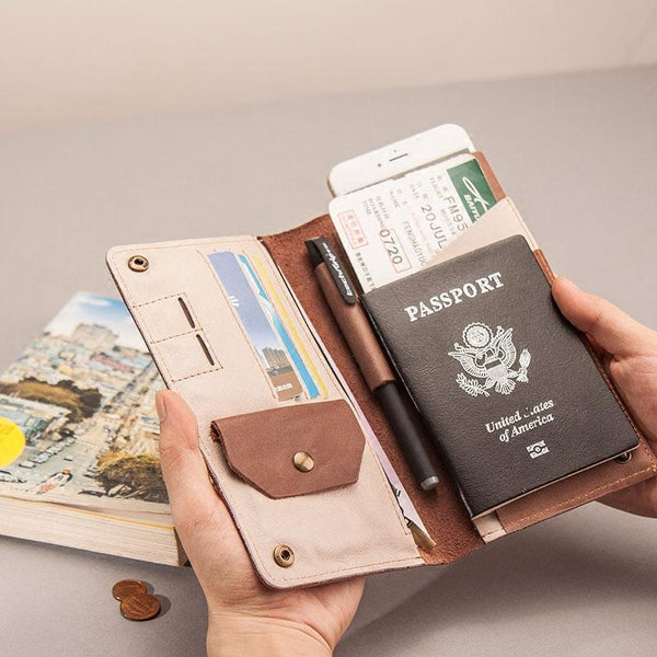 Leather Men Travel Wallet Passport Wallet Bifold Long Wallets for Men