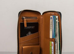 Leather Men Zipper Travel Wallets Passport Wallets Bifold Long Wallets for Men