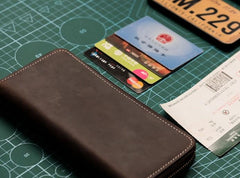 Leather Men Zipper Travel Wallet Passport Wallet Bifold Long Wallets for Men