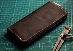 Leather Men Zipper Travel Wallet Passport Wallet Bifold Long Wallets for Men