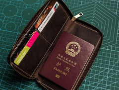 Leather Men Zipper Travel Wallet Passport Wallet Bifold Long Wallets for Men