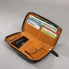 Leather Men Zipper Travel Wallets Passport Wallets Bifold Long Wallets for Men
