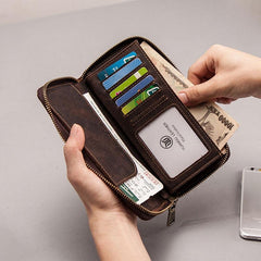 Leather Men Zipper Travel Wallet Passport Wallet Bifold Long Wallets for Men