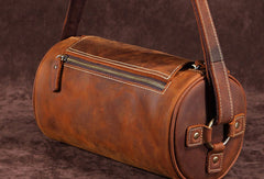 Leather Mens Barrel Shoulder Bag Vintage Brown Travel Bag for men