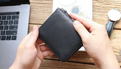 Leather Mens Black Zipper Small Wallet Front Pocket Wallet billfold Small Wallet for Men