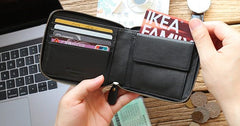 Leather Mens Black Zipper Small Wallet Front Pocket Wallet billfold Small Wallet for Men