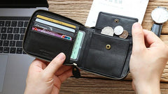 Leather Mens Black Zipper Small Wallet Front Pocket Wallet billfold Small Wallet for Men