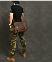 Leather Mens Brown Briefcase 12'' Laptop Briefcase Crossbody Side Bag Shoulder Bag For Men