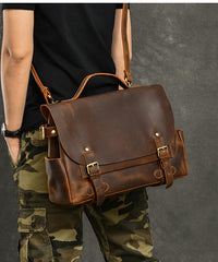 Leather Mens Brown Briefcase 12'' Laptop Briefcase Crossbody Side Bag Shoulder Bag For Men