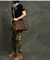 Leather Mens Brown Briefcase 12'' Laptop Briefcase Crossbody Side Bag Shoulder Bag For Men