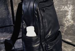 Mens Leather Cool Black Backpack for School Travel Bag Hiking Bag For Men