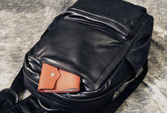 Mens Leather Cool Black Backpack for School Travel Bag Hiking Bag For Men