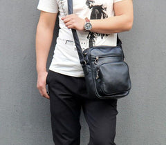 Leather Mens Cool Black Messenger Bag Shoulder Bag Crossbody Bag for Men