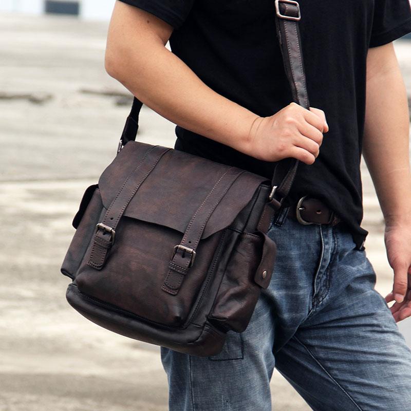 Vintage Leather Mens Cool Messenger Bag Shoulder Bag Crossbody Bag for Men