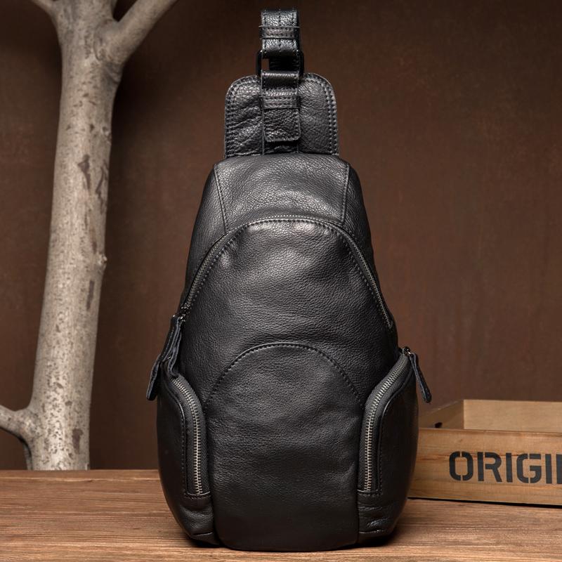 Cool Black Leather Chest Bag Mens Cool Sling Bag Black Crossbody Pack for men