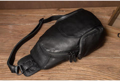 Cool Black Leather Chest Bag Mens Cool Sling Bag Black Crossbody Pack for men