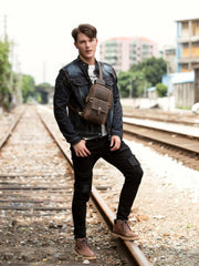 Cool Brown Leather Mens Cool Crossbody Pack Sling Bag Tan Leather Chest Bag for men