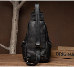 Cool Black Leather Chest Bag Mens Cool Sling Bag Black Crossbody Pack for men