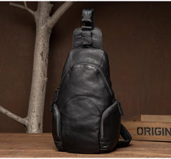 Cool Black Leather Chest Bag Mens Cool Sling Bag Black Crossbody Pack for men