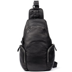 Cool Black Leather Chest Bag Mens Cool Sling Bag Black Crossbody Pack for men