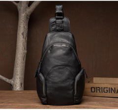 Cool Black Leather Chest Bag Mens Cool Sling Bag Black Crossbody Pack for men