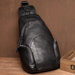 Cool Black Leather Chest Bag Mens Cool Sling Bag Black Crossbody Pack for men