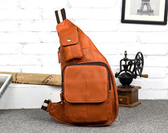 Vintage Brown Leather Mens Cool Chest Bag Sling Bag Tan Crossbody Pack for men