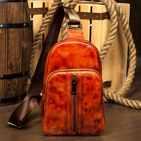 Cool Brown Leather Mens Cool Sling Bag - Back View
