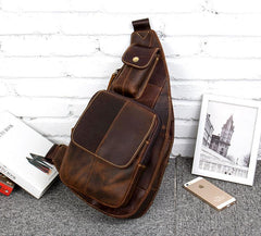 Vintage Brown Leather Mens Cool Chest Bag Sling Bag Tan Crossbody Pack for men