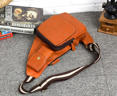 Vintage Brown Leather Mens Cool Chest Bag Sling Bag Tan Crossbody Pack for men