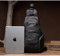 Cool Black Leather Chest Bag Mens Cool Sling Bag Black Crossbody Pack for men