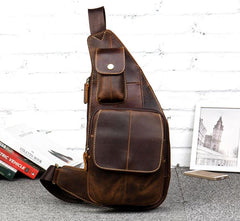 Vintage Brown Leather Mens Cool Chest Bag Sling Bag Tan Crossbody Pack for men