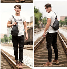 Cool Black Leather Chest Bag Mens Cool Sling Bag Black Crossbody Pack for men