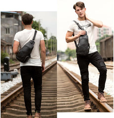 Cool Black Leather Chest Bag Mens Cool Sling Bag Black Crossbody Pack for men