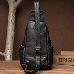 Cool Black Leather Chest Bag Mens Cool Sling Bag Black Crossbody Pack for men