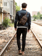 Cool Brown Leather Mens Cool Crossbody Pack Sling Bag Tan Leather Chest Bag for men
