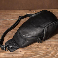 Cool Black Leather Chest Bag Mens Cool Sling Bag Black Crossbody Pack for men