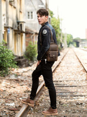 Cool Brown Leather Mens Cool Crossbody Pack Sling Bag Tan Leather Chest Bag for men