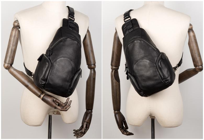 Cool Black Leather Chest Bag Mens Cool Sling Bag Black Crossbody Pack