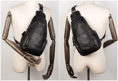 Cool Black Leather Chest Bag Mens Cool Sling Bag Black Crossbody Pack for men