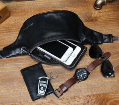 Black Leather Mens FANNY PACK MENS WAIST BAG Black HIP PACK BELT BAG FOR MEN