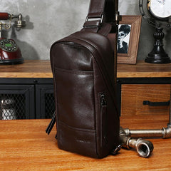 Black Leather Mens Sling Bag Sling Chest Bag Sling One SHoulder Backpack for men