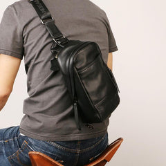 Black Leather Mens Sling Bag Sling Chest Bag Sling One SHoulder Backpack for men