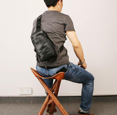 Black Leather Mens Sling Bag Sling Chest Bag Sling One SHoulder Backpack for men